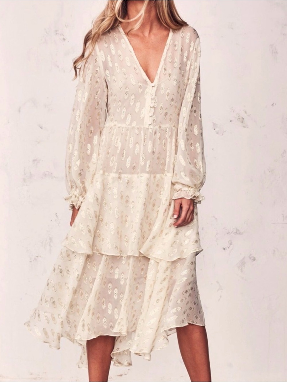 LoveShackFancy Cream Tiered V-Neck High-Low Dress